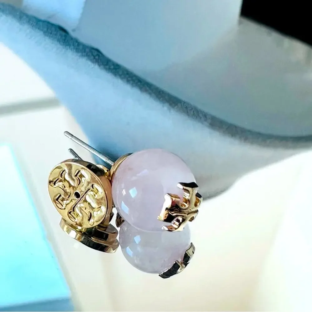 Tory Burch - Pink Quartz Evie Logo Stud Earrings, NWT, pierced